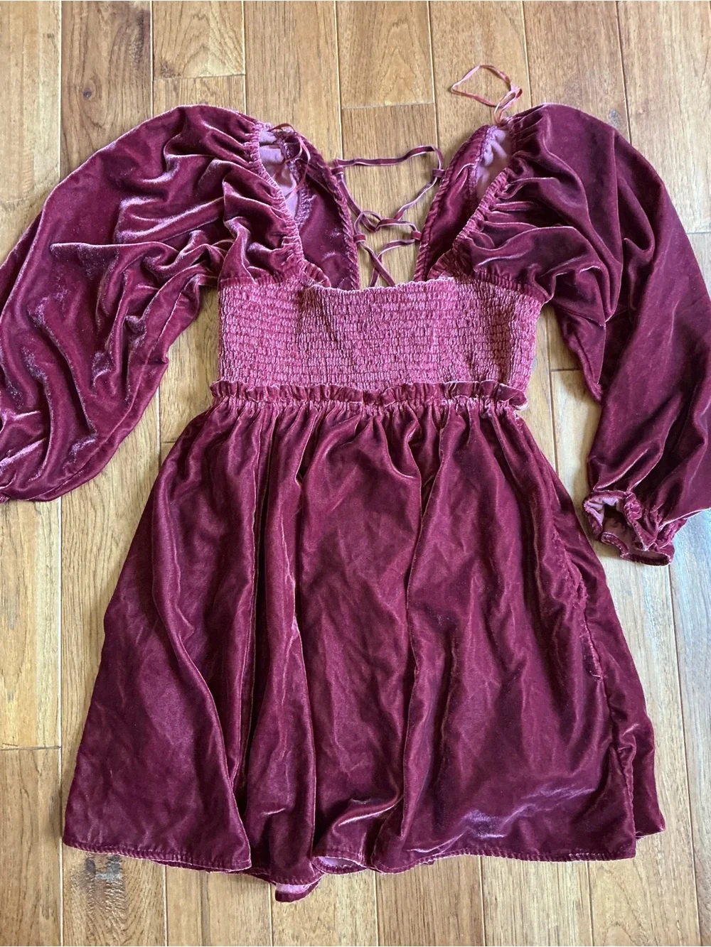 Free People Daphne‎ Velvet Mini Dress Open Lace-up Back, Deep Red, Maroon, Small